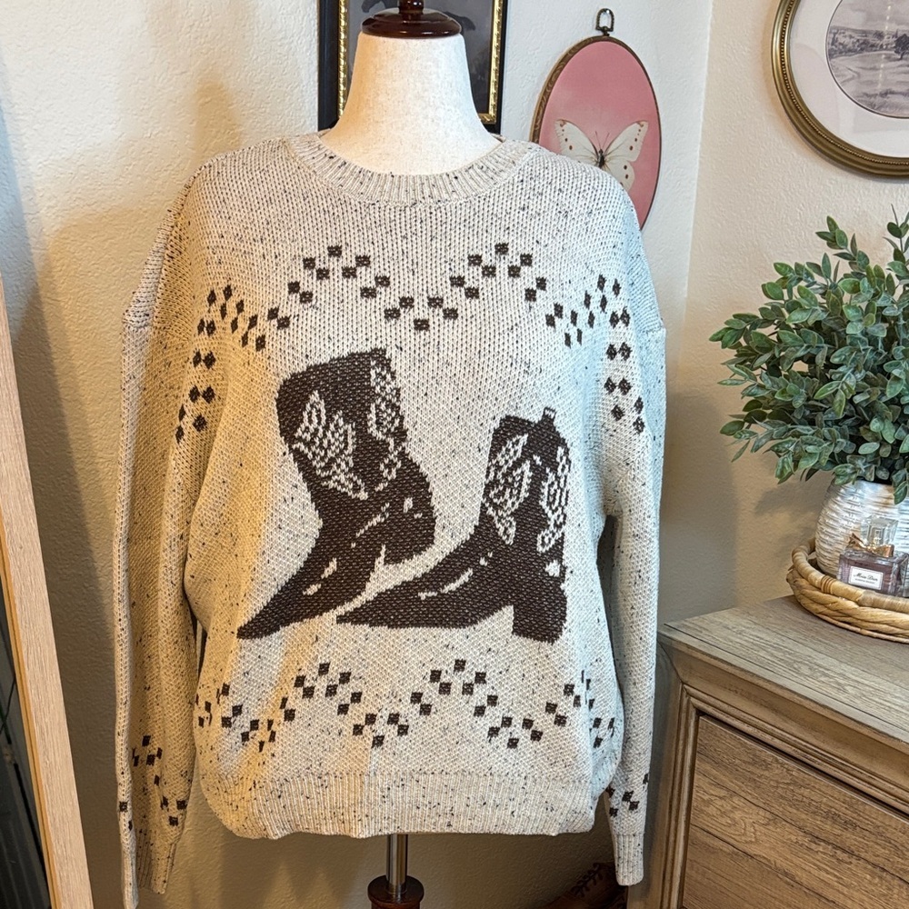 Altar’d State Cozy Cream and Brown Sweater with Boot Design - Picture 4 of 8